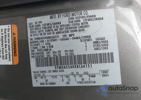 1999 Ford Windstar Se z USA, uszkodzony, nr VIN 2FMDA5240XBC66151